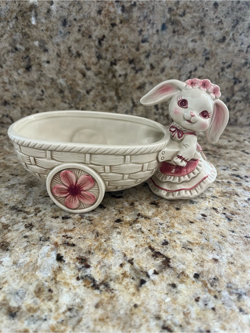 Lefton 1989 Ceramic Bunny Wagon Figurine Planter Vintage Easter